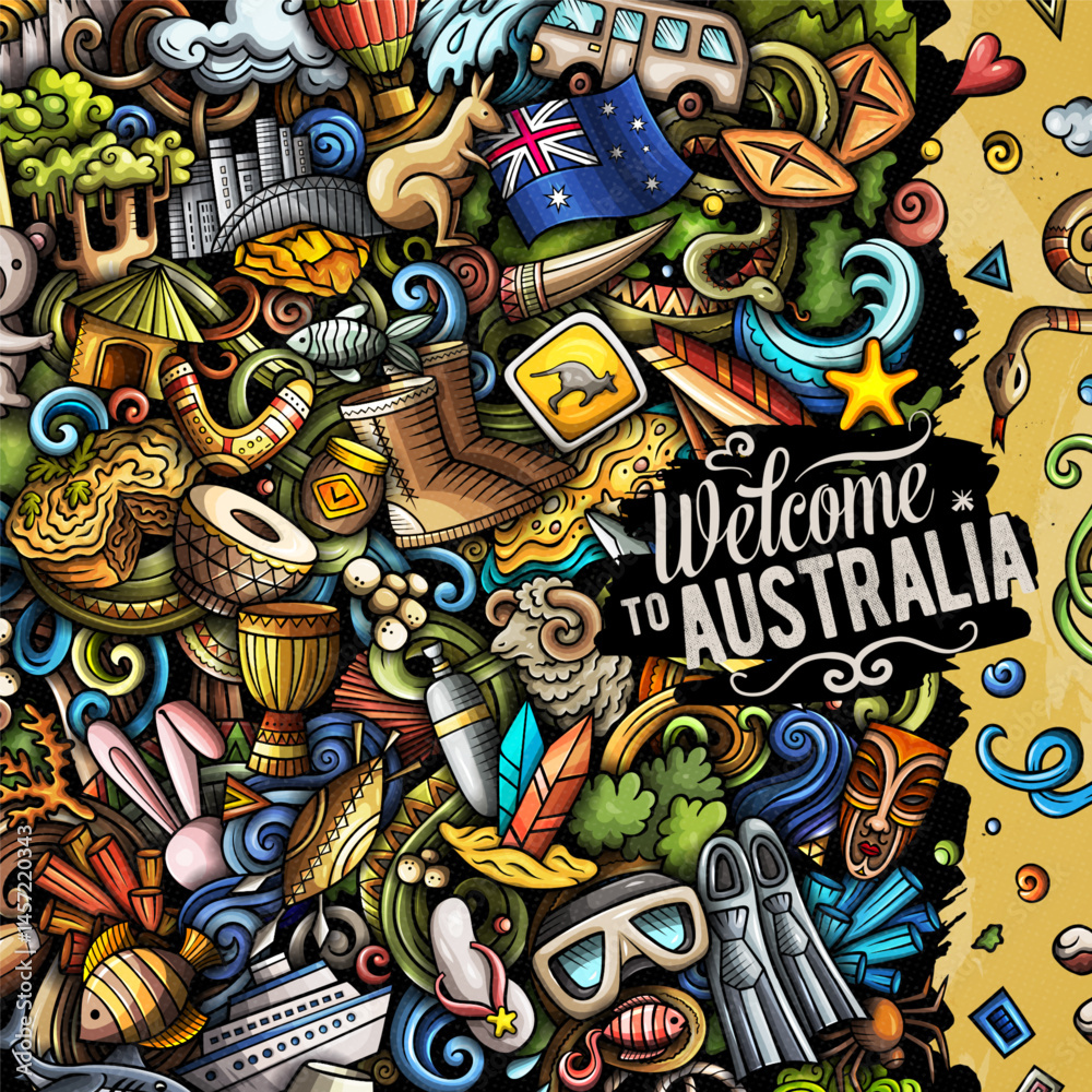 Fototapeta premium Australia cartoon doodle border illustration. Funny Australian frame design. Creative vector background with Oceania Country elements and objects