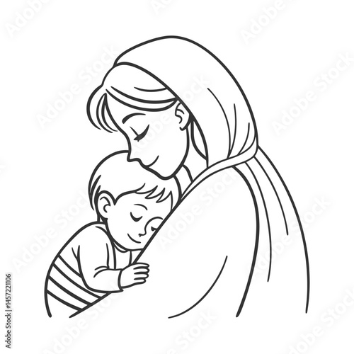 a baby with her mom silhouette line art  in  white background 