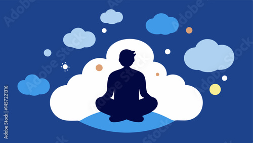 Clouds of Thought A silhouette of a person sitting on a cloud surrounded by floating images of dreams aspirations and reflections to signify pondering and contemplation.