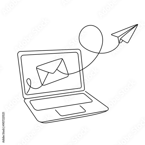 Continuous one line drawing of notebook and sending messages via email. Flying paper airplane. Flat vector illustration isolated on white background