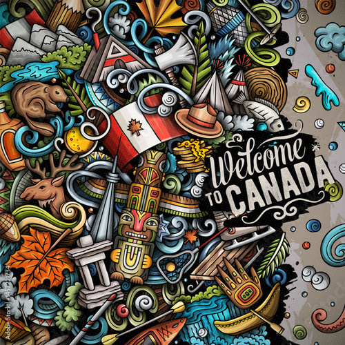 Canada cartoon doodle illustration. Funny Canadian border. Creative vector background featuring North American country elements and objects. 