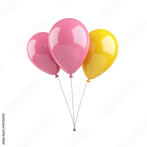 Three Colorful Balloons Pink and Yellow Floating in a Festive Atmosphere Isolated on Transparent Background