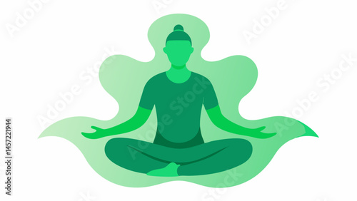 Calm Meditation Individuals sitting in a serene position with closed eyes. A gentle wave of green colors flows from one person to others showcasing the spread of tranquility.
