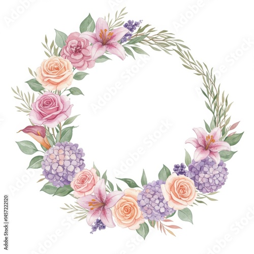 Pastel Watercolor Floral Wreath with Roses and Lilies