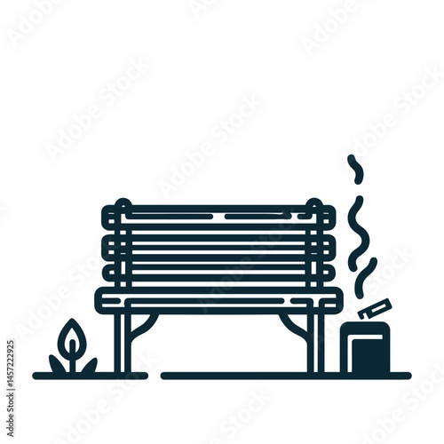 Minimalist bench with smoke and plant in a garden setting  on a transparent background