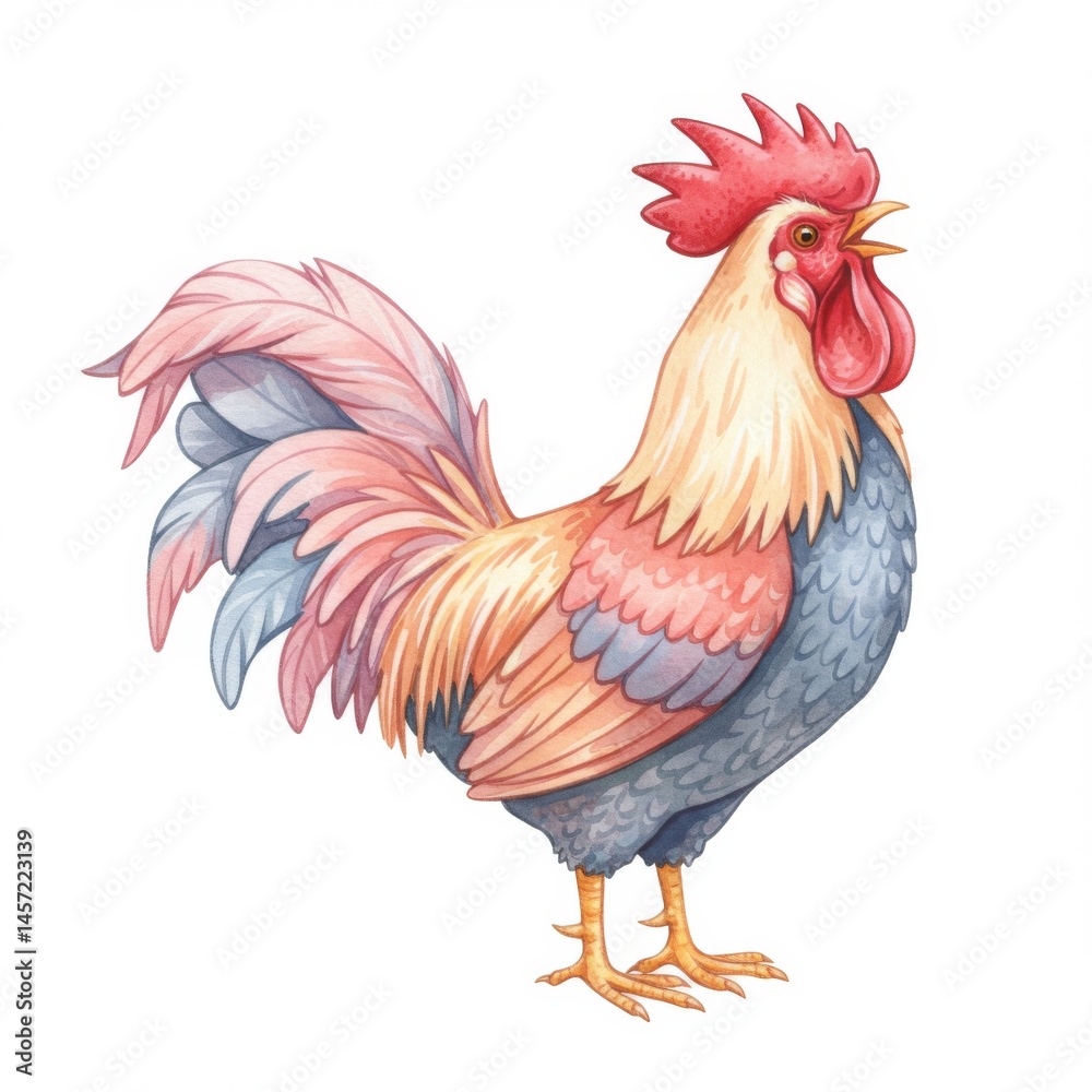 Fototapeta premium Watercolor Rooster Illustration with Colorful Feathers