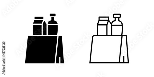 Vector line icon of a full grocery basket, filled with food items such as fruits, vegetables, bread, and packaged goods. This icon symbolizes shopping, healthy eating, organic food, or food distributi