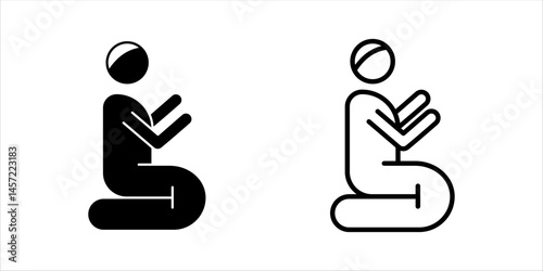 Vector line icon representing Muslim prayer (Salat), typically showing a person in a prostration (sujud) or sitting position, facing Qibla. Symbolizes Islamic worship, spirituality, daily prayers, and