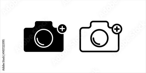 Vector line icon of a camera with a plus symbol, representing adding a photo, taking new pictures, or uploading media. Ideal for use in mobile app interfaces, photo editing software, content creation 