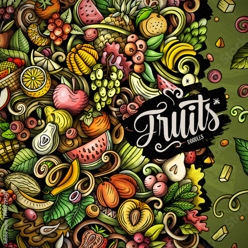 Fresh Fruits cartoon vector doodles frame illustration. Nature food elements and objects background. 