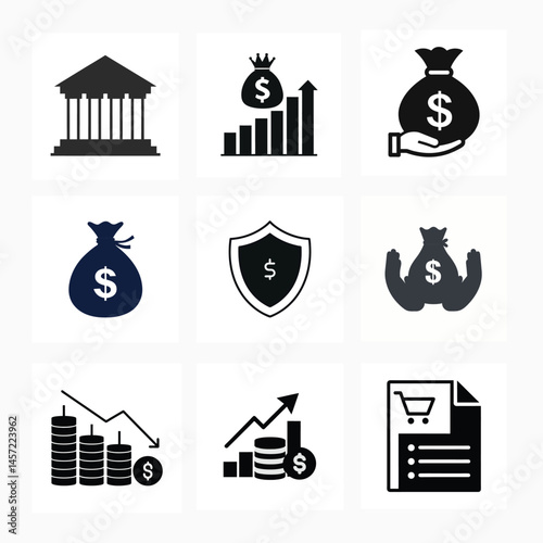 Financial and Banking silhouette Icons Set – Budget, Savings, Tax, Loan, Investment, Insurance