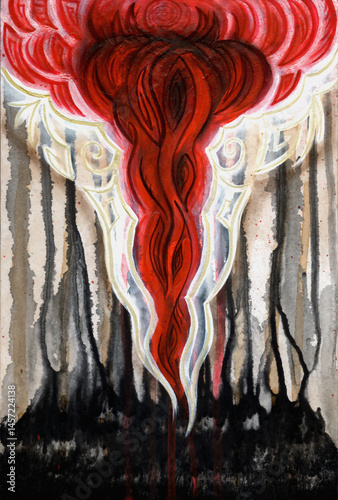 Abstract vertical painting suggesting a fiery explosion or storm with red organic forms, glowing accents, and dark textured lines. Intense, dramatic, and mysterious.