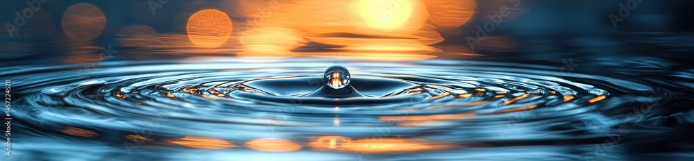 Ripple effect of a water drop with glowing orange reflections in blue liquid surface under soft ambient light Generative AI