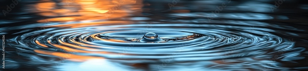 Ripple effect of a water drop with glowing orange reflections in blue liquid surface under soft ambient light Generative AI