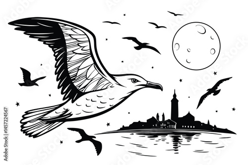 100 Surreal black and white illustration, silhouette of a seagull, double exposure, cityscape inside bird's body, full moon, church spire, flying birds, reflective water surface, starry sky, minimalis