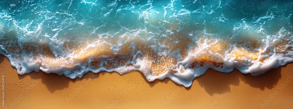 Top view of ocean waves washing over golden sandy beach with white sea foam and clear turquoise water Generative AI