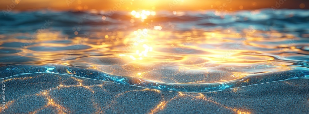 Golden sunset reflections on shallow beach water with soft waves and clear sand textures under glowing light Generative AI