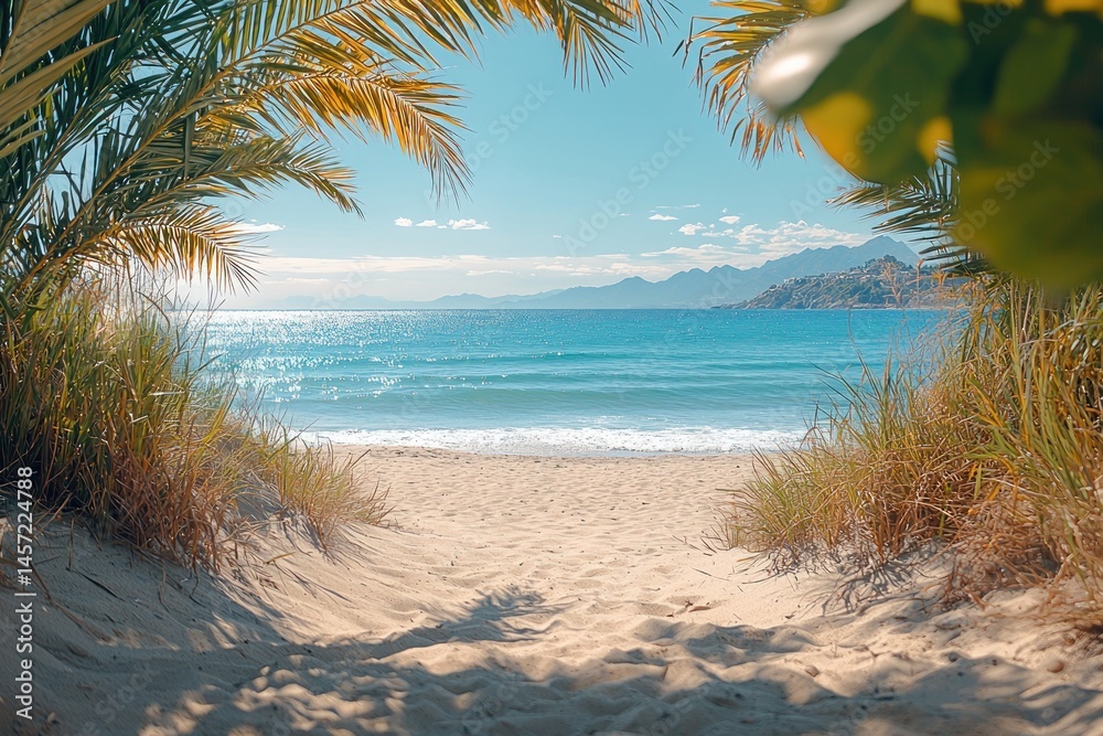 Tropical beach view framed by palm leaves and grass with turquoise ocean waves and distant mountains under blue sky Generative AI