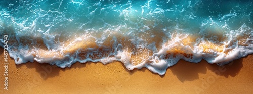 Obraz na płótnie Top view of ocean waves washing over golden sandy beach with white sea foam and clear turquoise water Generative AI w salonie