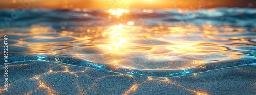Obraz na płótnie Golden sunset reflections on shallow beach water with soft waves and clear sand textures under glowing light Generative AI w salonie