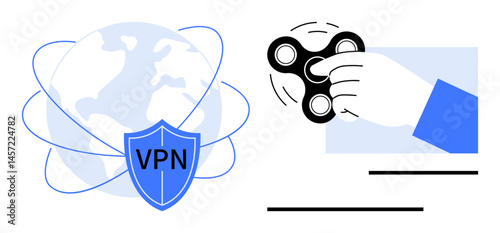 Globe with protection shield labeled VPN, lines of connection hand spinning fidget spinner. Ideal for cybersecurity, privacy, global networking, focus, connectivity, balance, modern tech tools flat