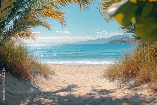 Obraz na płótnie Tropical beach view framed by palm leaves and grass with turquoise ocean waves and distant mountains under blue sky Generative AI w salonie