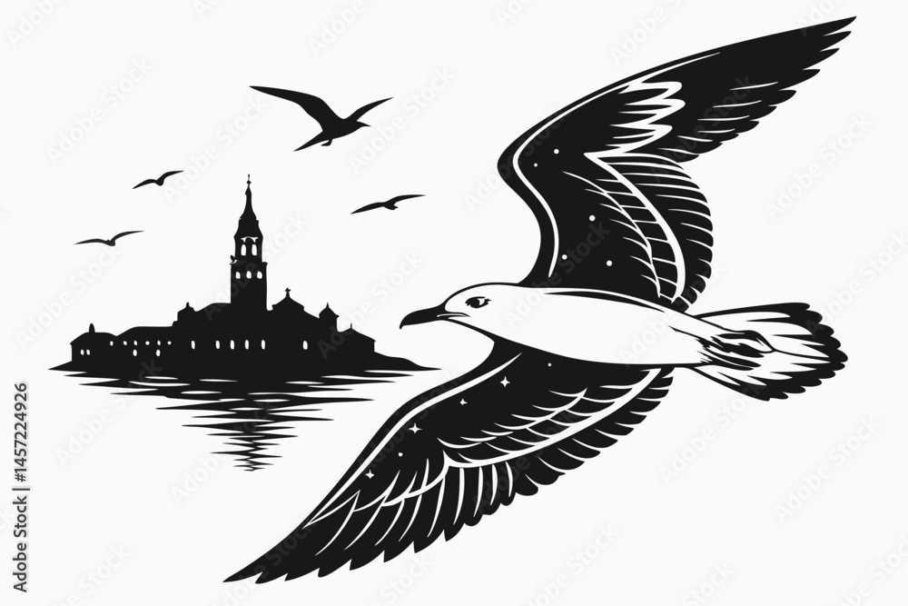 Obraz premium 100 Surreal black and white illustration, silhouette of a seagull, double exposure, cityscape inside bird's body, full moon, church spire, flying birds, reflective water surface, starry sky, minimalis