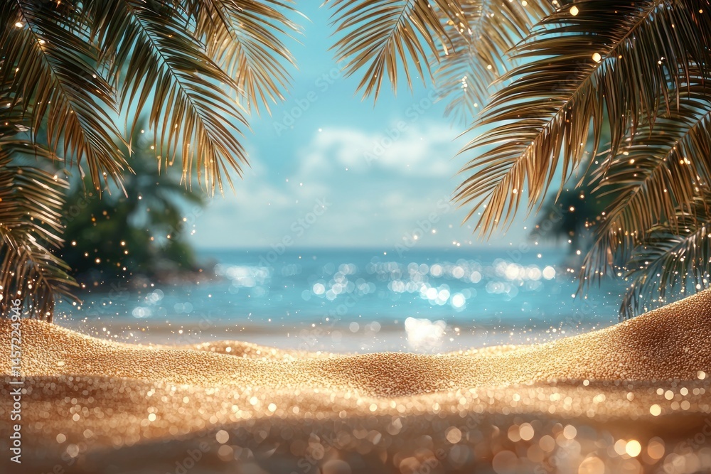 Tropical beach view framed by palm leaves and grass with turquoise ocean waves and distant mountains under blue sky Generative AI