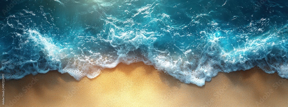 Top view of foamy turquoise ocean waves crashing gently onto golden sandy beach in bright sunlight Generative AI