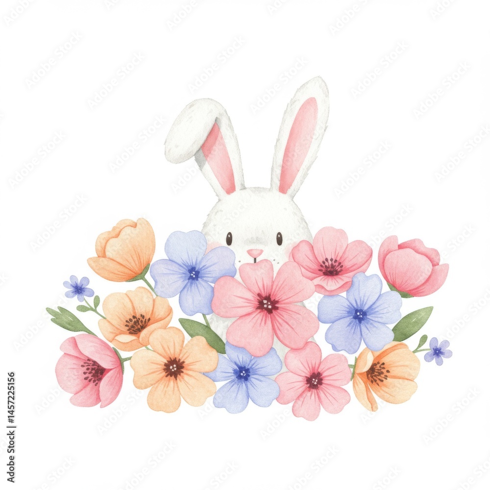 Obraz premium Cute White Bunny Hiding Among Pastel Flowers