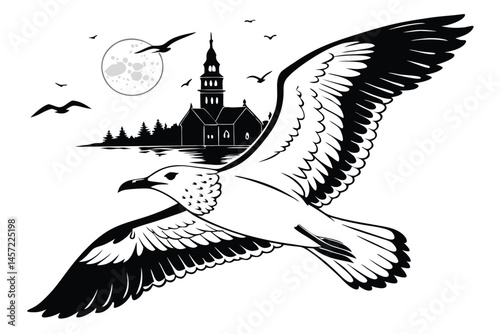 6 black and white illustration, tropical beach scene, sunset over ocean, palm trees silhouette, dramatic clouds, waves crashing, moonlit sky, shooting star, high contrast, detailed linework, woodcut s