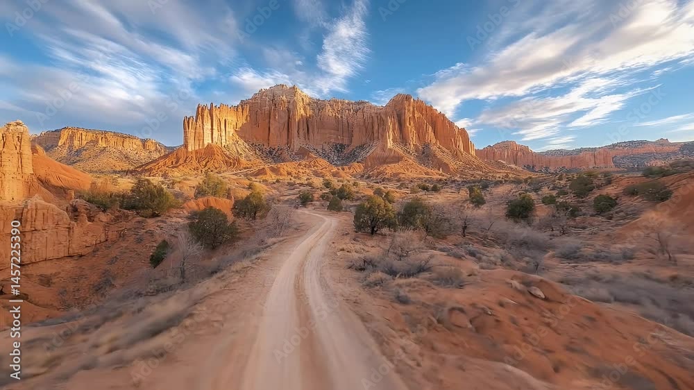 Desert Landscape with Winding Dirt Road Blue Sky and Towering Rock Formations on Sunny Day Desert Landscape with Winding Dirt Road Blue Sky and Towering Rock Formations on Sunny Day