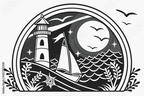 101 Paper cut art, maritime scene, silhouette, lighthouse, sailing ship, ocean, seabirds, moon, coral, starfish, layered paper effect, black and white, contrast, depth, intricate details, circular fra