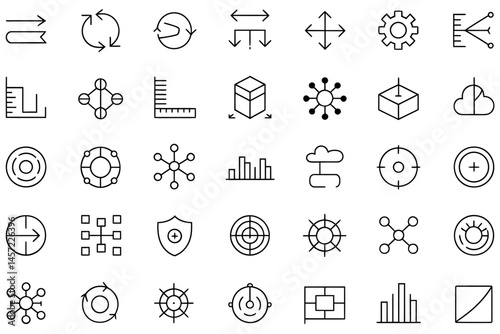 Scale adjust optimize process connect structure business technology line icons set