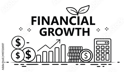 Black financial growth vector with dollar signs, bar chart, plant, calculator and office buildings