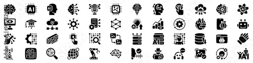 Artificial Intelligence and machine learning icon set. Silhouette style.