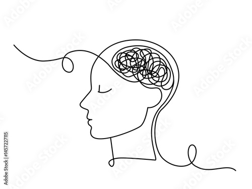 continuous line drawing of man head with confused thoughts. mental health problems concept. flat vector linear isolated on white background