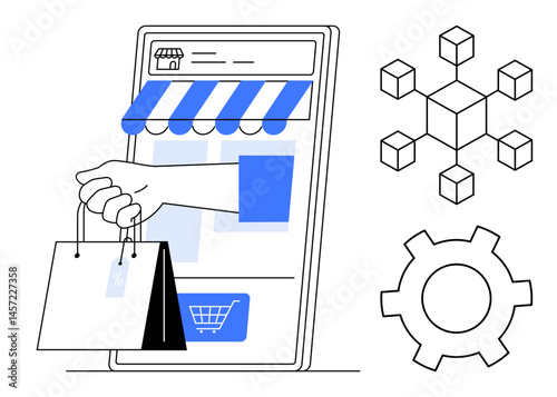 Digital store interface with striped awning on phone, arm holding shopping bags, network nodes, and gear. Ideal for e-commerce, online shopping, digital innovation, network, technology business