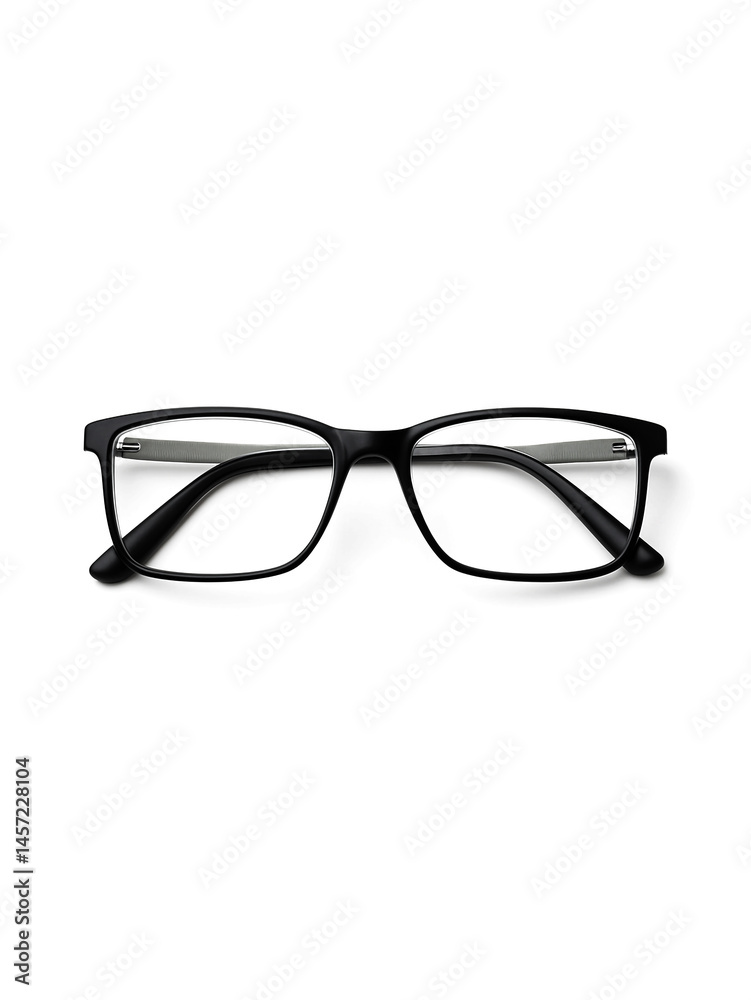 Fototapeta premium Black rectangular eyeglasses on white background. Minimalist flat lay of modern eyewear, top view.