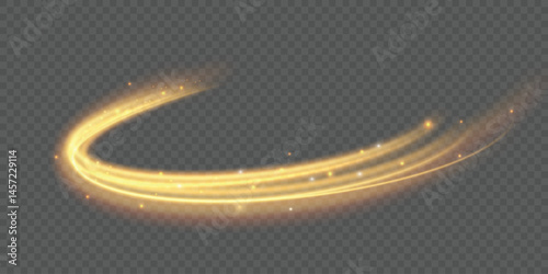 Radiant gold twirl loops in circular light motion. Shimmering arc sparkles as glowing vector fire line. Round light spin flows with dynamic sparkling rhythm.
