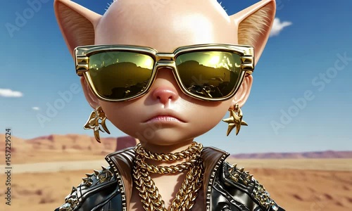 Futuristic desert cat character in sunglasses with stylish outfit in motion