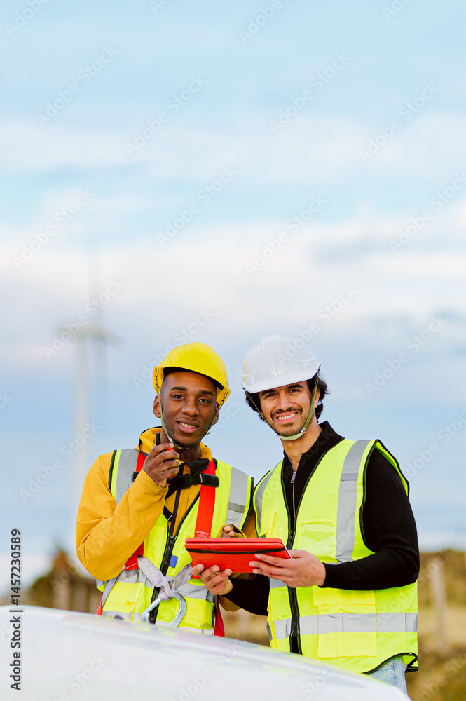 Two engineers in safety gear discuss plans at a wind turbine park, highlighting teamwork and renewable energy development