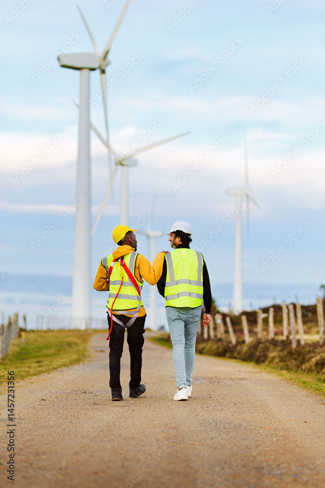 Two engineers in safety gear walk along a path in a wind turbine park, discussing renewable energy solutions amid towering turbines