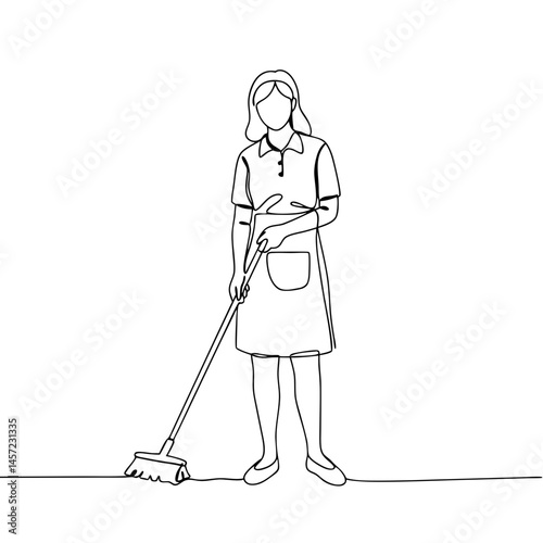 Woman cleaning with a broom in a minimalist style  