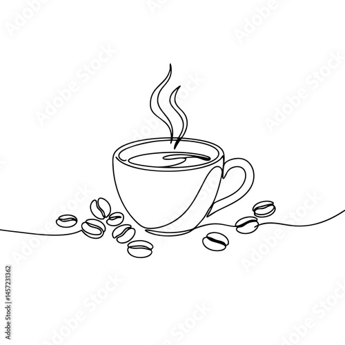 Minimalist line art of a steaming coffee cup with beans  