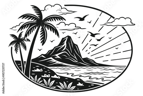 104 Black and white illustration, tropical island silhouette, volcanic mountain, palm trees, ocean waves, fluffy clouds, flock of birds, sun rays, circular composition, high contrast, detailed linewor
