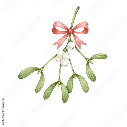 Watercolor Mistletoe with Red Bow Illustration