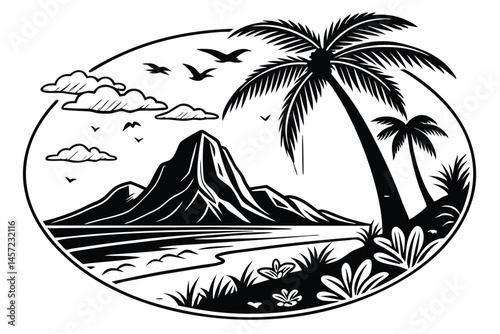 104 Black and white illustration, tropical island silhouette, volcanic mountain, palm trees, ocean waves, fluffy clouds, flock of birds, sun rays, circular composition, high contrast, detailed linewor