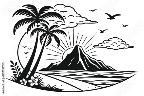 104 Black and white illustration, tropical island silhouette, volcanic mountain, palm trees, ocean waves, fluffy clouds, flock of birds, sun rays, circular composition, high contrast, detailed linewor