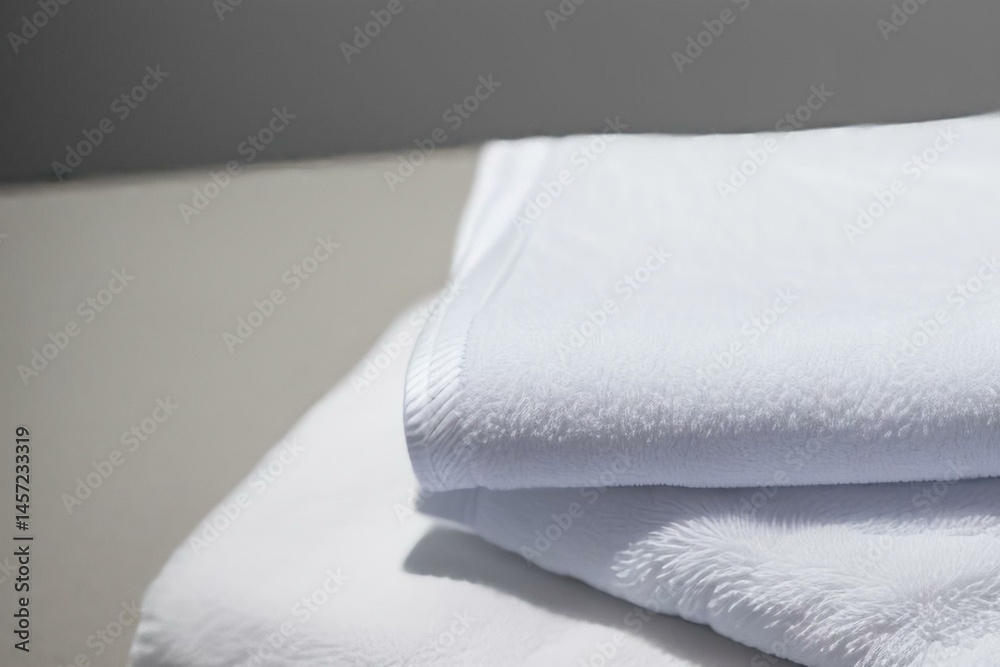 Fototapeta premium A studio photo of a black bathing towel, Fresh fluffy folded towels on grey background, top view. Mockup for design
